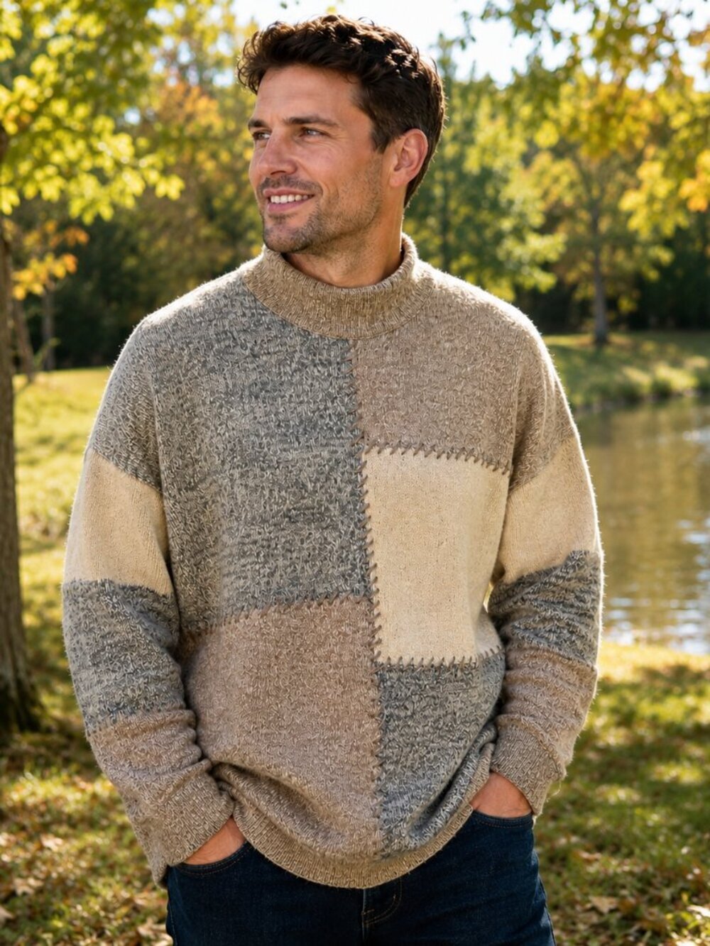 Wallace Country New Zealand Wool Angora Patchwork Sweater Large Beige Gray
